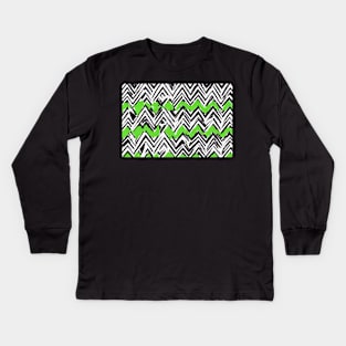 Abstract black and white zig zag pattern with green blobs Kids Long Sleeve T-Shirt